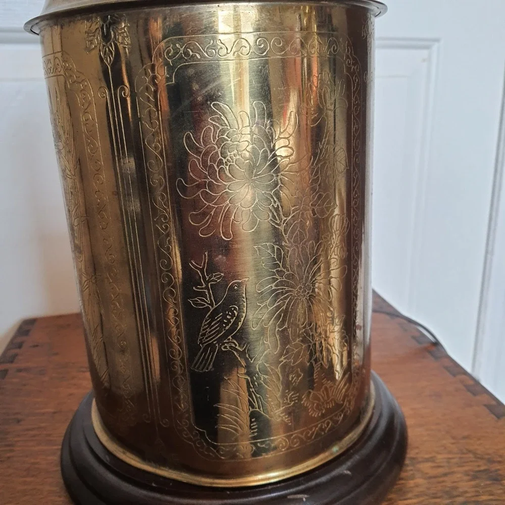 Vintage Ornate Brass Table Lamp- Asian Floral Engraving- Decorative Collectable